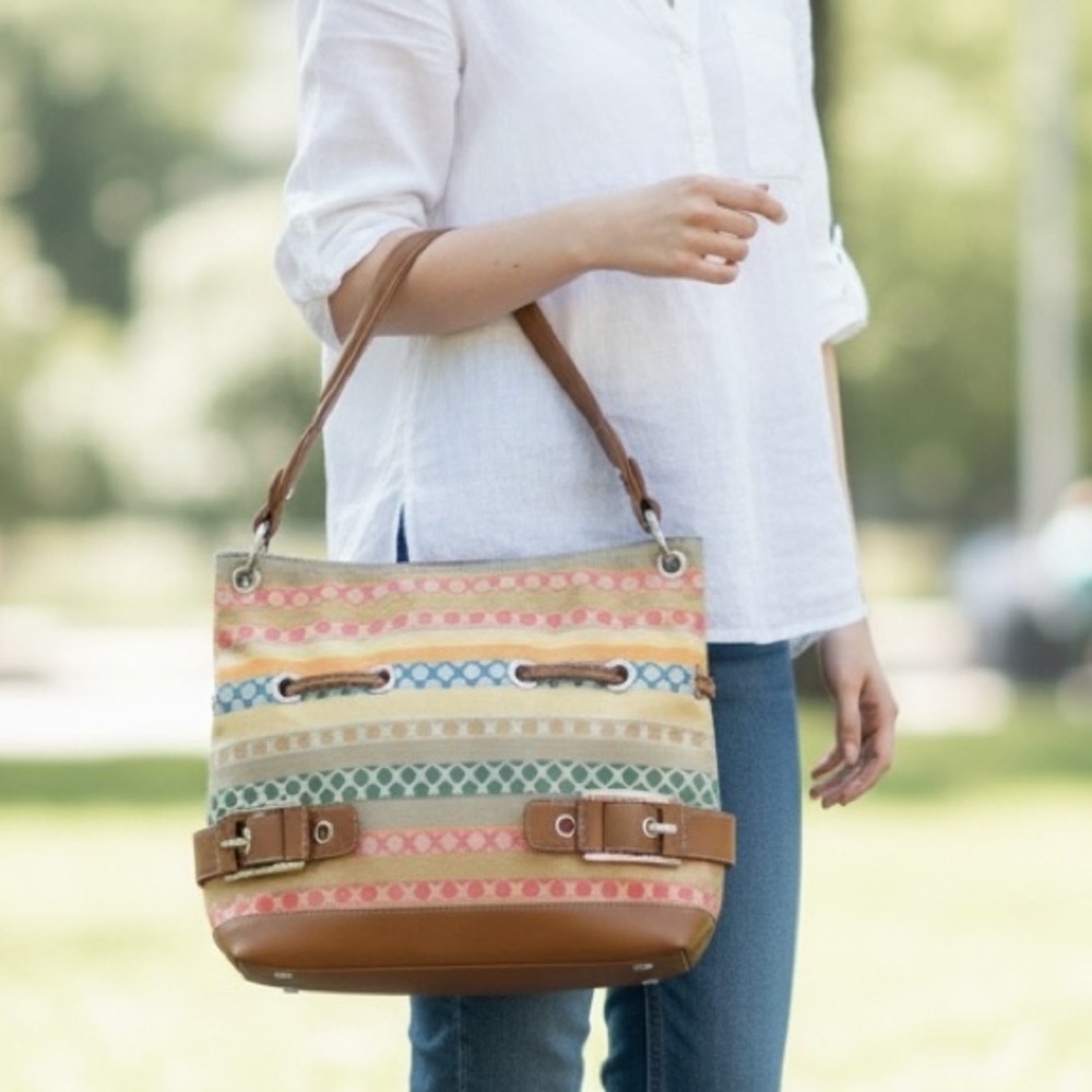 Sag Harbor Vintage Multicolor Striped Canvas Shoulder Bag with Tan Gold Trim EUC
